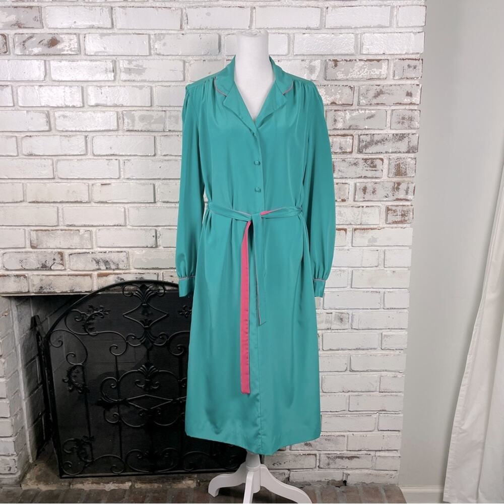 Vintage 70s Jenni Green and Pink Tie Belt Button Down Midi Shirt Dress L